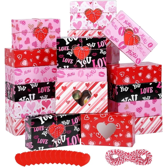 24 Pack Valentines Day Treat Boxes Valentine Cupcake Bakery Boxes Heart Cookie Candy Container Goody Box with Heart Window Tags for Holiday Pastries, Anniversary Party Gifts
