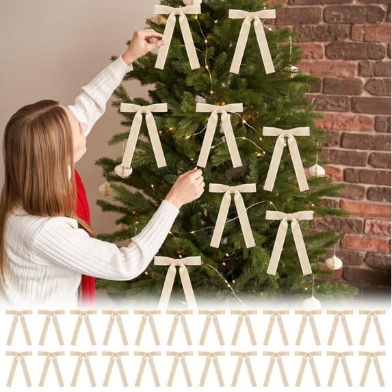 24-Pack Velvet Christmas Bows, Luxury Tree Wreath Bow Tie Decorations for Gift Wrapping Garlands, Holiday Party Decor(Beige-24pc)