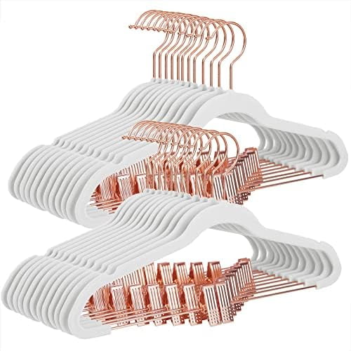 24-Pack Velvet Pants Hangers, 16.7-Inch Long Coat Hangers with Rose Gold Colored Movable Clips, Heavy-Duty, Non-Slip, Space-Saving, for Pants, Skirts, Dresses, White UCRF014W01