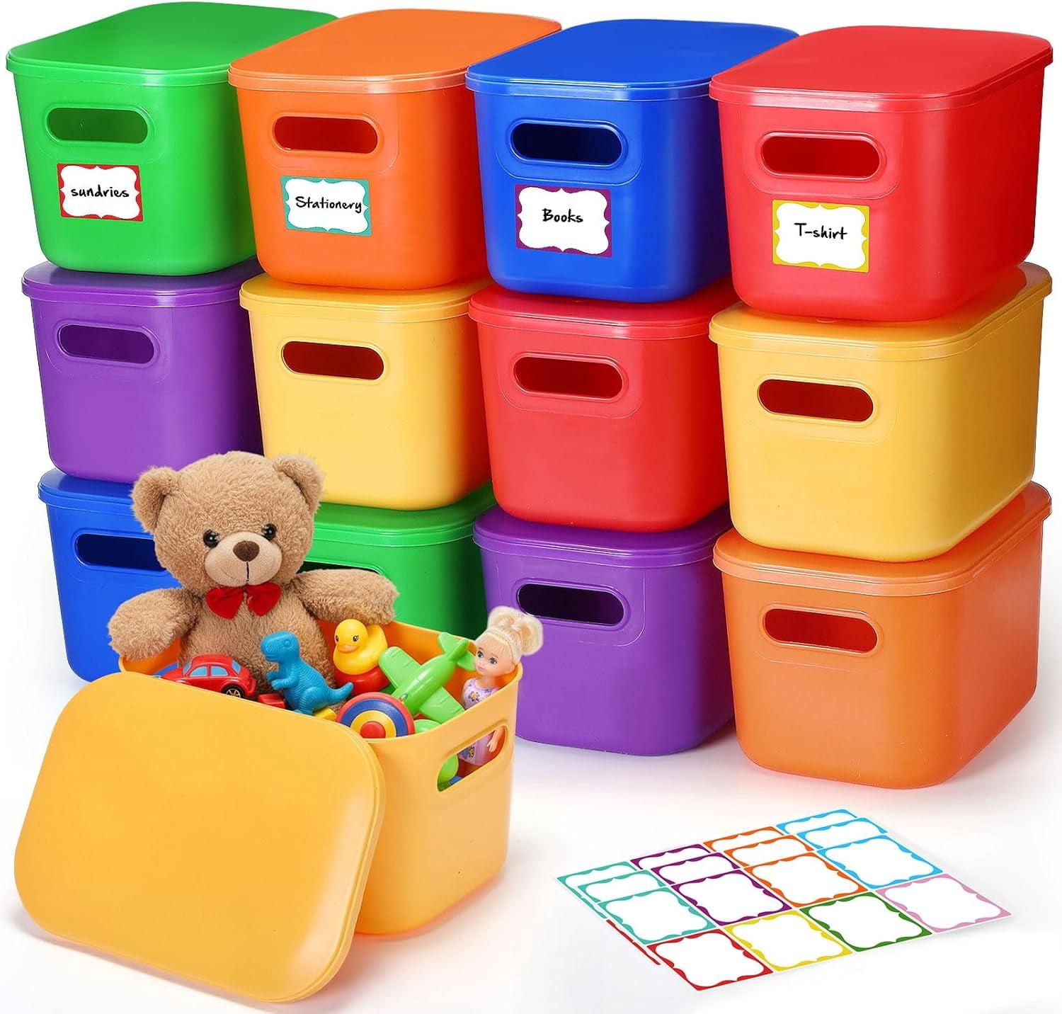 24 Pack Vibrant Colorful Plastic Storage Bins with Lids 7 Quart Toy ...