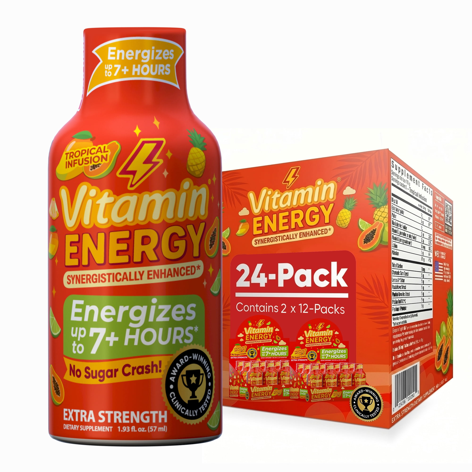 Vitamin Energy Focus+ Extra Strength Shot, Tropical Infusion, 24 Pack – 260mg Natural Caffeine, CoQ10 & B-Vitamins, Zero Sugar, 1.93 fl oz