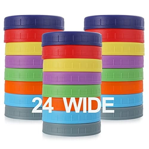 [24 Pack] WIDE Mouth Mason Jar Lids for Ball,Kerr and More - Colored Plastic Storage Caps for Mason/Canning Jars - Leak-Proof