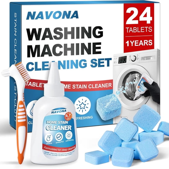 24 Pack Washing Machine Cleaner Tablets, Washer Cleaner Tablets Pro Set with Stain Remover Gel, Deep Cleaning for Odor, Limescale & Pet Hair, Works for Front Load & Top Load Washers
