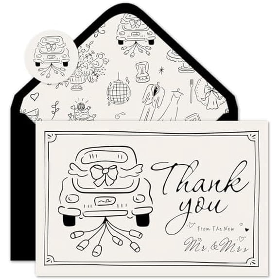 24 Pack Wedding Thank You Cards Black The New Mr & Mrs Car Cake Thank You Greeting Note Cards with Envelope Sticker for Bridal Shower