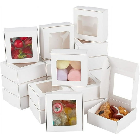 24 Pack White Kraft Paper Boxes with Clear Window 2.9x2.9x1.2inch Present Packaging Box for Anniversaries Birthdays Weddings Graduation White DIY