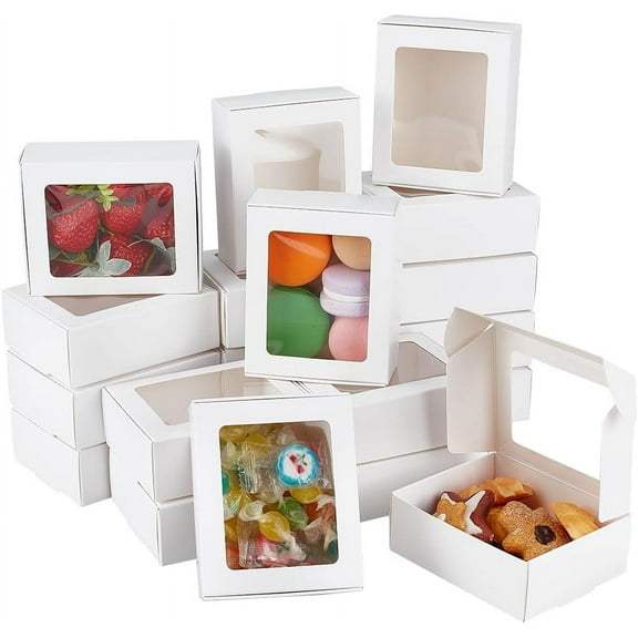 24 Pack White Kraft Paper Boxes with Clear Window 3.1x3.9x1.3inch Present Packaging Box for Anniversaries Birthdays Weddings Graduation WhiteDIY