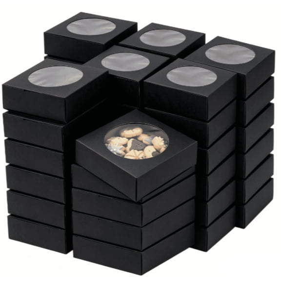 24 Pack Window Square Paper Storage Boxes 3"x3"x1.2", Dual Color Brown Black Kraft Cartons For Handmade Goods And Party Favor Packing