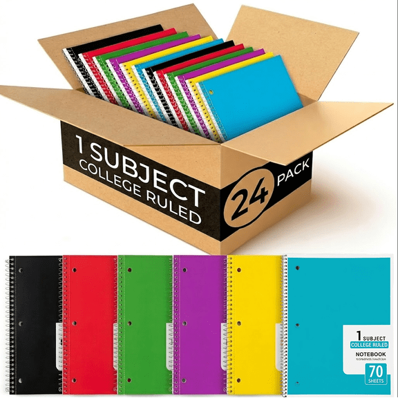 24-Pack Wirebound Project Notebooks 8x10.5", 70 Sheets 7.1mm Ruled, 3-Hole Punched & Perforated Pages, 350gsm Matte Cover Office Journals
