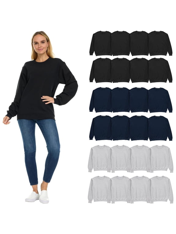 24 Pack Women’s Oversized Crew Neck Sweatshirts – Fleece Lined Bulk Wholesale Hoodless Pullover Sweaters for Charities, Events & Donations –