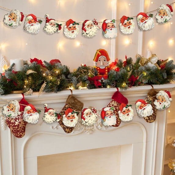 24 Pack Wooden Santa Claus Garland Banner with Vintage Faces and Jute String, 24 Pieces, Rustic Wood, for Home Mantle, Christmas Decoration