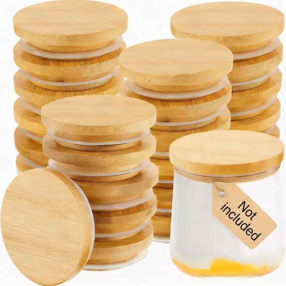 24 Pack Yogurt Jar Lids Set Reusable Bamboo Wooden Round Canning Lids with Silicone Sealing Rings Compatible with Oui Yogurt Jars Not Included