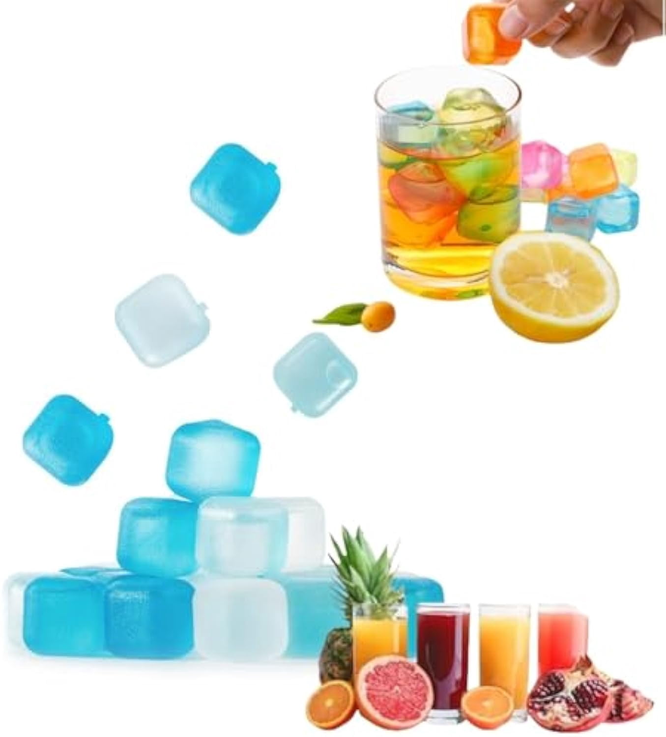 24 Pack Zero Ice Cubes, Zero Ice Reusable Cubes, Washable Non-Melting Ice Cubes Non-Diluting, for Coffee, Wine, Whiskey, Cocktails (Blue and white squares)