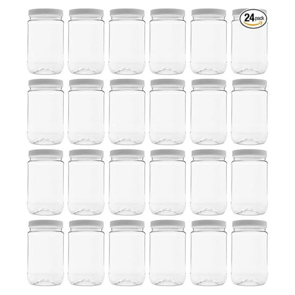 24 Pack of 16 Ounce Plastic Pint Jars with 70RG Leak Proof Seal Lid - Food Grade and BPA Free (16oz, 24pk)