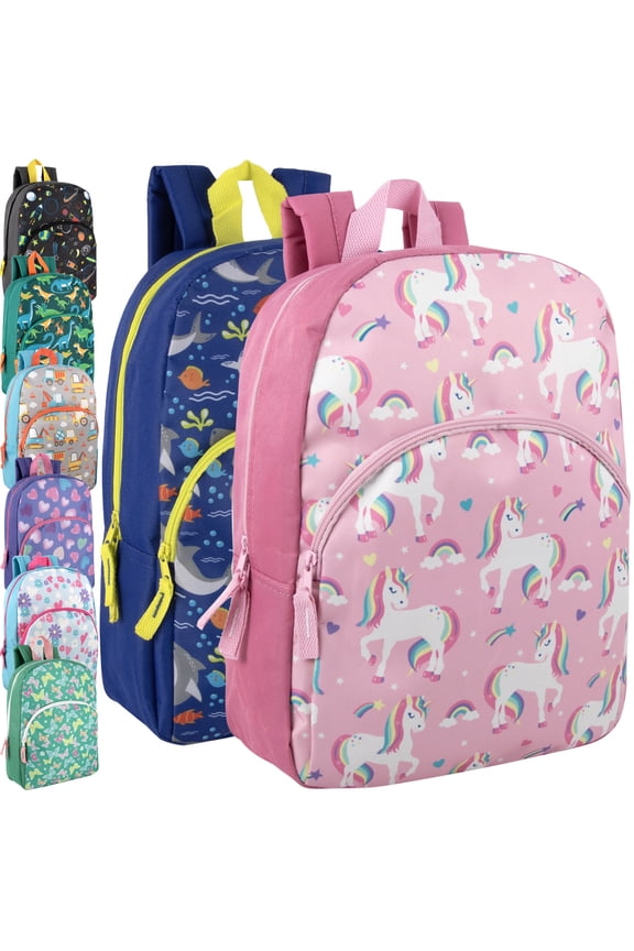 24 Pack of Bulk Wholesale 15 Inch Fun Printed Backpacks for Commute and Travel in Unisex Fantastic Creature Prints