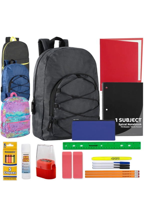 24 Pack of Bulk Wholesale 17 Inch Assorted Design Backpacks Including 20 Piece Stationary Kits Each
