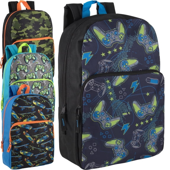 24 Pack of Bulk Wholesale 17 Inch Fun Printed Backpacks for Commute and Travel in Fun Mixed Boys Pack