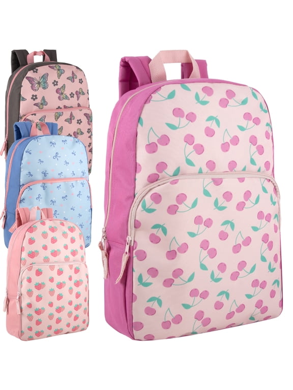 24 Pack of Bulk Wholesale 17 Inch Fun Printed Backpacks for Commute and Travel in Fun Mixed Girls Pack