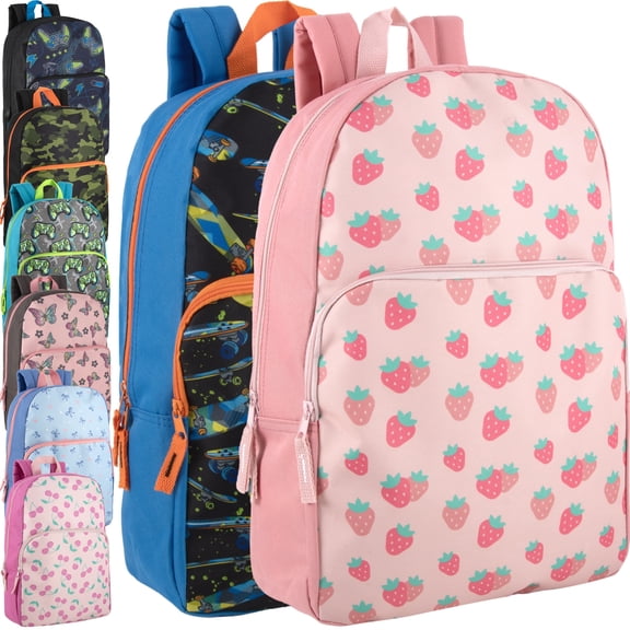 24 Pack of Bulk Wholesale 17 Inch Fun Printed Backpacks for Commute and Travel in Fun Mixed Unisex Pack