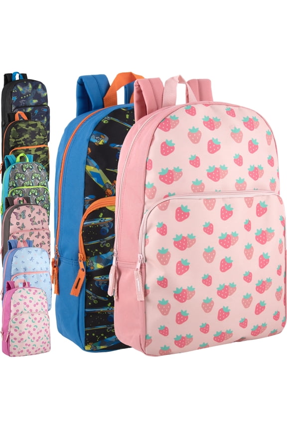 24 Pack of Bulk Wholesale 17 Inch Fun Printed Backpacks for Commute and Travel in Fun Mixed Unisex Pack