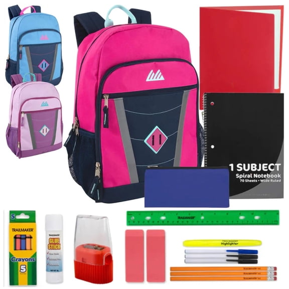 24 Pack of Bulk Wholesale 17 Inch Reflective Multipocket Backpacks Including 20 Piece Stationary Kit Each in Female Colors Pack