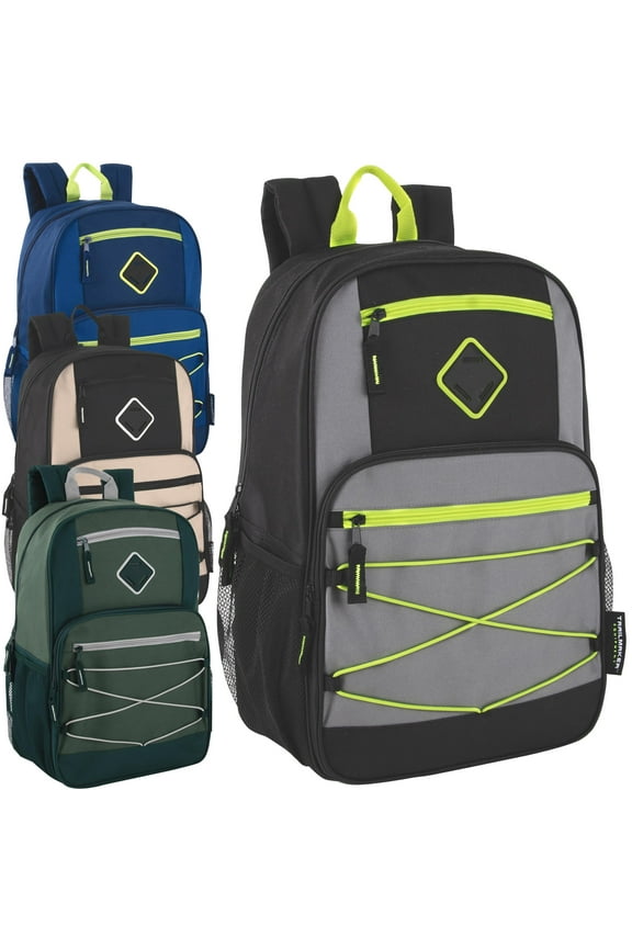 24 Pack of Bulk Wholesale 18.5 Inch Multi Pocket Dual Zipper Bungee Cord Laptop Backpacks for Gym, Travel and Commuting in Male Colors Pack