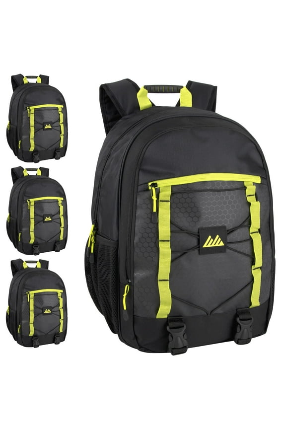 24 Pack of Bulk Wholesale 18 Inch Multipocket Bungee Cord Laptop Backpacks for Men, Women, Gym, Travel, Commute and Recreation in Black & Yellow