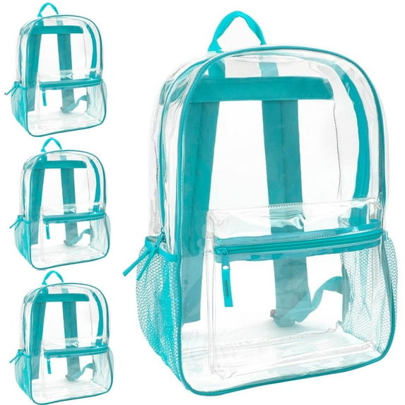 24 Pack of Bulk Wholesale Heavy Duty 17 Inch Clear Transparent Color Trimmed Stadium Approved Backpack in Teal Blue