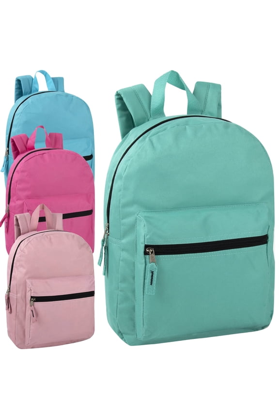 24 Pack of Bulk Wholesale Solid Color Backpacks for Work, Travel, Commuting, Gym and Recreation in 4 Color Assortment
