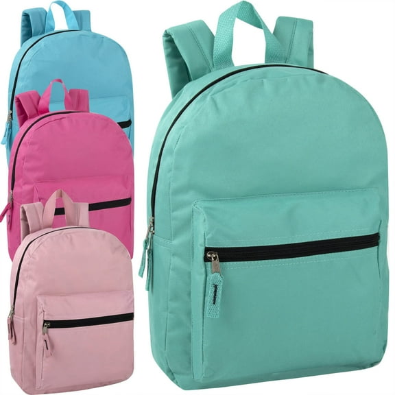 24 Pack of Bulk Wholesale Solid Color Backpacks for Work, Travel, Commuting, Gym and Recreation in 4 Color Assortment