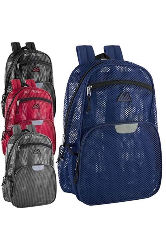24 Pack of Bulk Wholesale Solid Color Reflective Transparent See Through Mesh Stadium Approved Backpacks for Travel and Commuting in Assorted Colors