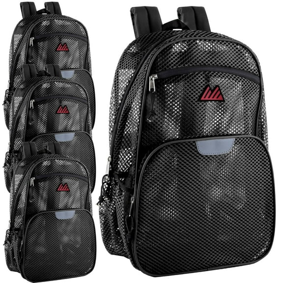 24 Pack of Bulk Wholesale Solid Color Reflective Transparent See Through Mesh Stadium Approved Backpacks for Travel and Commuting in Black