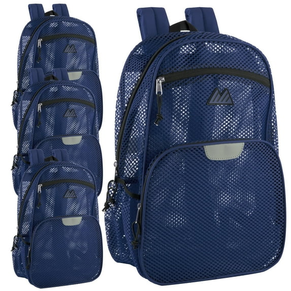 24 Pack of Bulk Wholesale Solid Color Reflective Transparent See Through Mesh Stadium Approved Backpacks for Travel and Commuting in Navy Blue