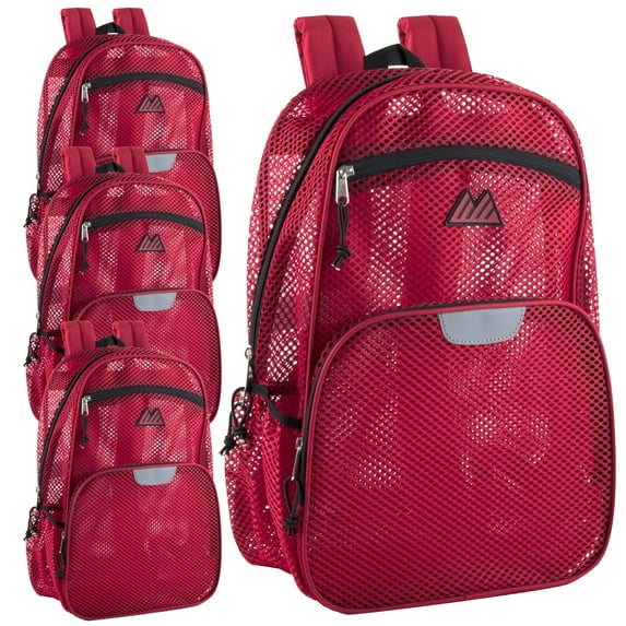24 Pack of Bulk Wholesale Solid Color Reflective Transparent See Through Mesh Stadium Approved Backpacks for Travel and Commuting in Red