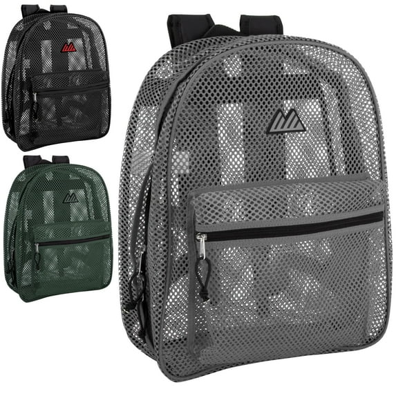 24 Pack of Bulk Wholesale Solid Color Transparent See Through Mesh Stadium Approved Backpacks for Travel and Commuting in Black, Gray & Hunter Green