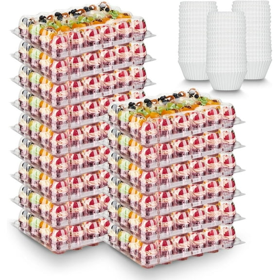 (24 Pack x 15 Sets) Mini Cupcake Containers with 375 Pack Cupcakes Liners, Plastic Cupcake Holder, Stackable Mini Cupcake Boxes Carrier, Clear Disposable Cupcake Trays, High Dome - MINI SIZE