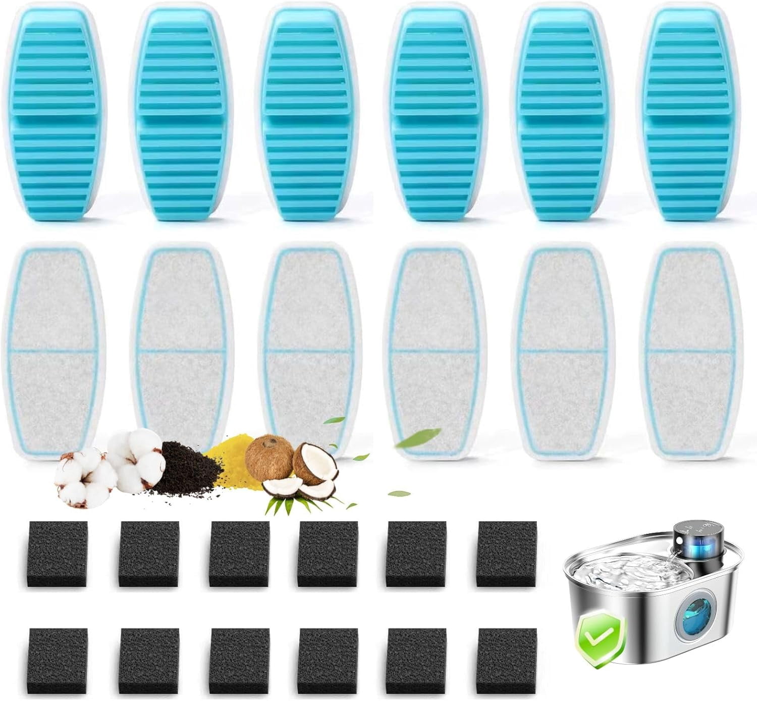24 Packs(12 Filters + 12 Sponges) for B3 Battery Cat Water Fountain, Cat Fountain Replacement Filters with Activated Carbon Filter, Ultra-fine Fiber