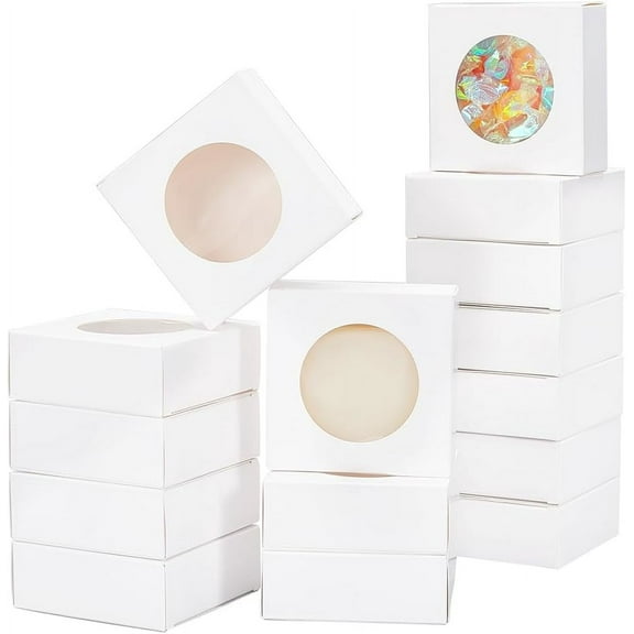 24 Packs 3.15x3.15x1.2 Inch Square Paper Boxes with Round Window White Kraft Bakery Boxes Gift Packaging Boxes for Dessert Cake Candy Muffin Donut Macaron diy White