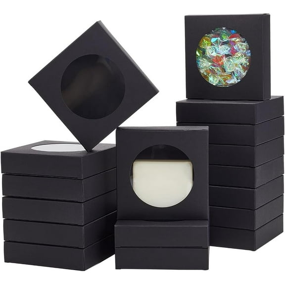 24 Packs 3.9x3.9x0.95 Inch Square Paper Boxes with Round Window Black Kraft Bakery Boxes Gift Packaging Boxes for Dessert Cake Candy Muffin Donut MacaronBlack