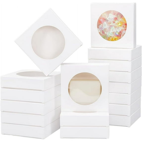 24 Packs 3.9x3.9x0.95 Inch Square Paper Boxes with Round Window White Kraft Bakery Boxes Gift Packaging Boxes for Dessert Cake Candy Muffin Donut Macaron