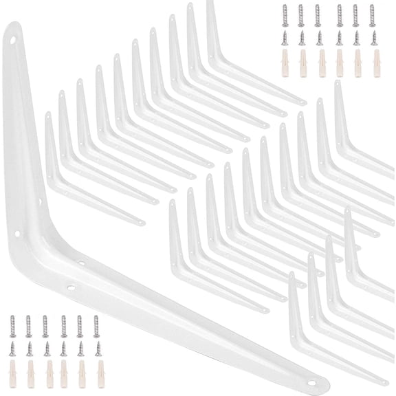 24 Packs 6 x 8 Inch White Shelf Brackets, Heavy Duty L-Bracket Supports with 144 Screws &72 ExpansionTubes for Wall Hanging Shelves Decoration Clapboard Fixation