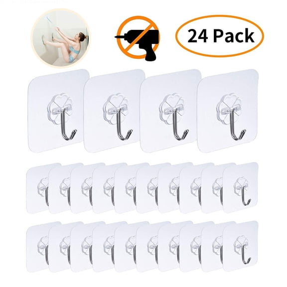 24 Packs Adhesive Hooks 33lb(Max) Heavy Duty Sticky Wall & Ceiling & Door Hooks Nail Free Clear Reusable Hook for Bathroom and Kitchen No Scratch Waterproof and Oilproof