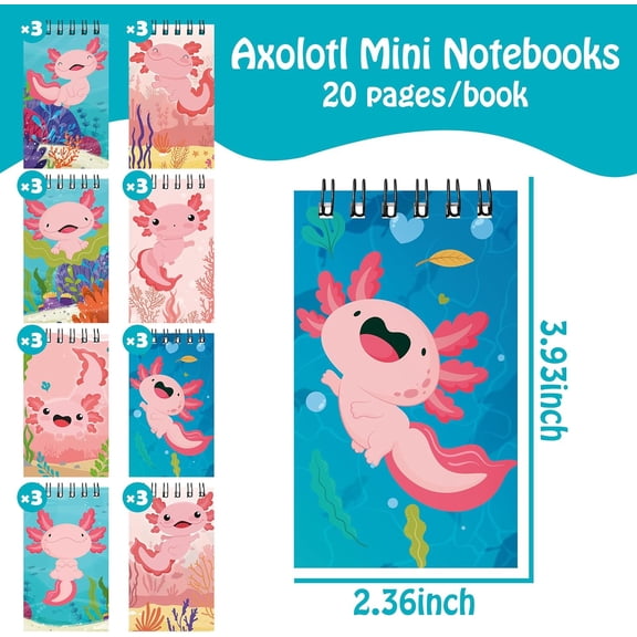 24 Packs Axolotl Mini Spiral Notebooks Cute Animal Pocket Notepads Journal Memo Pads for Birthday Party Favors Gifts Goodie Bag Stocking Stuffers Office School Classroom Rewards, 8 Designs$$Office