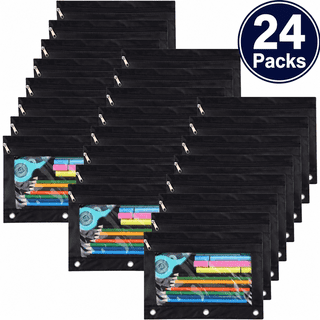 24 Packs Black Pencil Pouch for 3 Ring Binder, Binder Pouches with Zipper, 9.8 x 7.3 in Clear Window Zipper Pouch, Oxford PVC