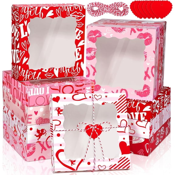24 Packs Heart Cookie Boxes 10 x 10 x 2.5 Inches Heart Bakery Treat Boxes with PVC Window Cupcake Treat Boxes with Heart Cards Favors for Wedding Cooking Party
