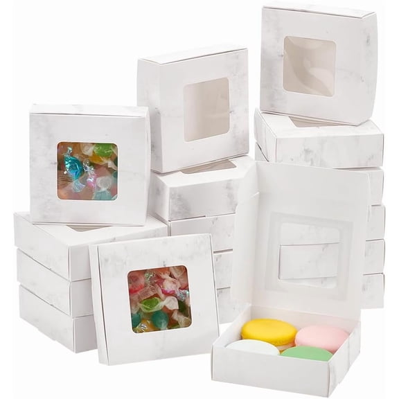 24 Packs Kraft Paper Box with Clear Window 3.7x3.7x1.2 Inch Marble White Kraft Paper Bakery Box Pastry Gift Boxes for Biscuits Cakes Desserts Candy Cookies