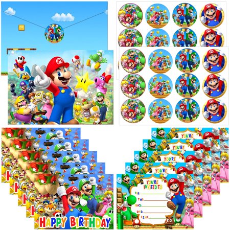 24 Packs Mario Party Invitation Cards with Envelopes and Stickers, Mario Birthday Party Invitation Cards for Kids Party Supplies