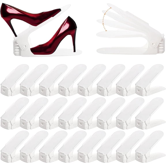 24 Packs Shoe Slots Organizer, Adjustable 4 Level Shoe Stacker, Double Layer Stack Shoe Holder, White Plastic Shoes Space Saver, Thickening Shoe Rack Holder for Closet Organization