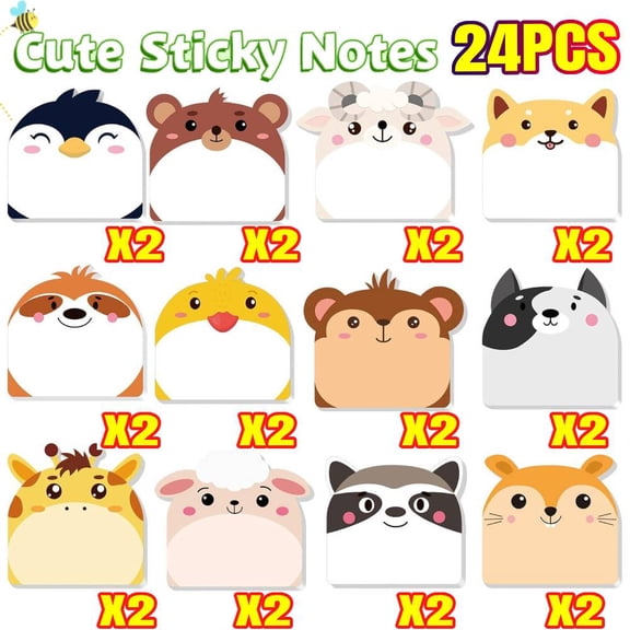 24 Pads Cute Sticky Notes Fun Animal Sticky Notes Pads Bulk Cartoon Memo Self Adhesive Gift for Veterinary Office Tab Party Supplies(Multi Animals)