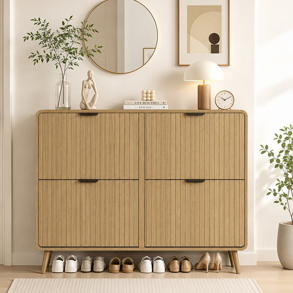 24-Pair Fluted Shoe Cabinet with 4 Flip Drawers Narrow Freestanding Entryway Organizer, Adjustable Panels, Anti-Tip, MDF, 47.2x9.45x35.83in
