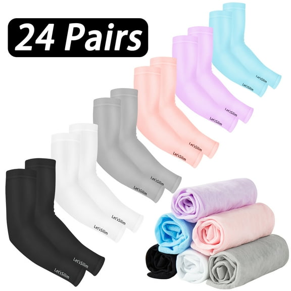 24 Pair UV Sun Protection Cooling Arm Sleeves, Long Sun Protective Compression Sleeves with Thumb Hole for Men Women Cycling, Hiking, Golf, Fishing Outdoor Sport, 6 Colors
